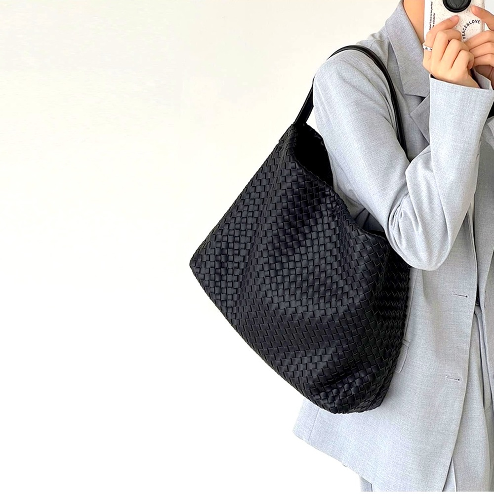 Black Woven Leather Shoulder Crossbody Bag
